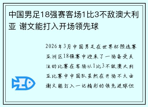 中国男足18强赛客场1比3不敌澳大利亚 谢文能打入开场领先球