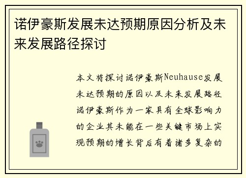 诺伊豪斯发展未达预期原因分析及未来发展路径探讨 诺伊豪斯发展未达预期原因分析及未来发展路径探讨