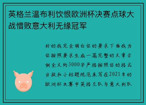 英格兰温布利饮恨欧洲杯决赛点球大战惜败意大利无缘冠军